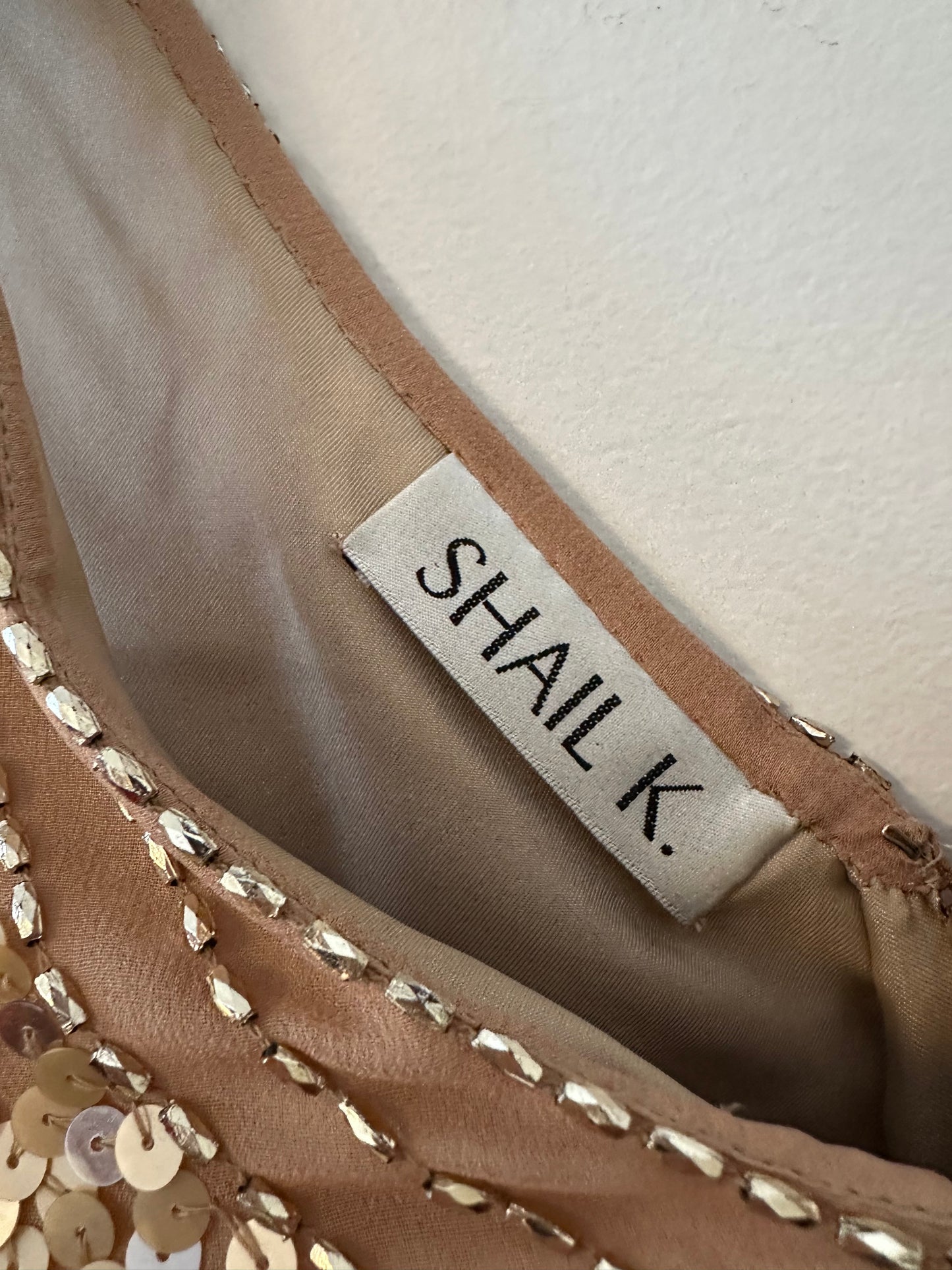 Shail K. Sequin and Beaded Rose Gold Silk Cocktail Dress | Size 8