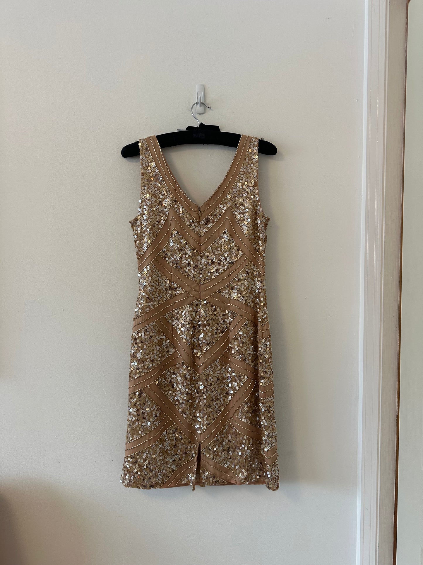 Shail K. Sequin and Beaded Rose Gold Silk Cocktail Dress | Size 8