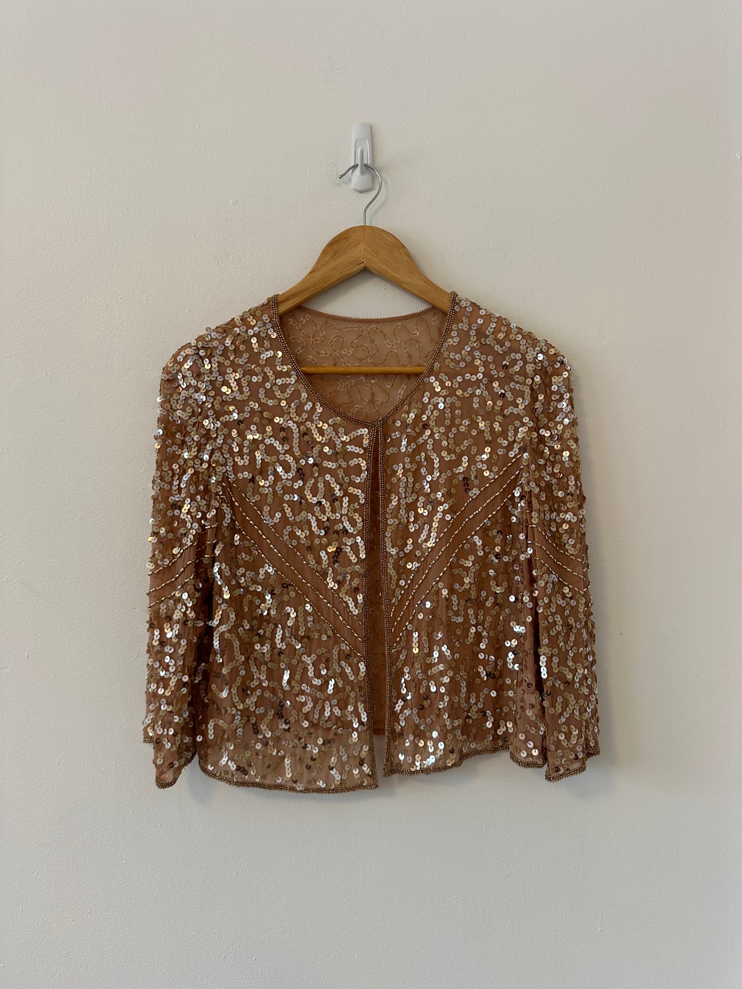 Shail K. Sequin and Beaded Rose Gold Silk Cocktail Dress | Size 8