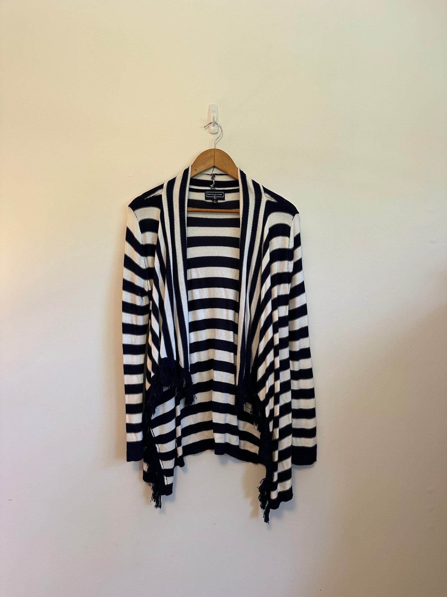 Duffield Lane Striped Fringe Open Front Silk Blend Cardigan | Size Small