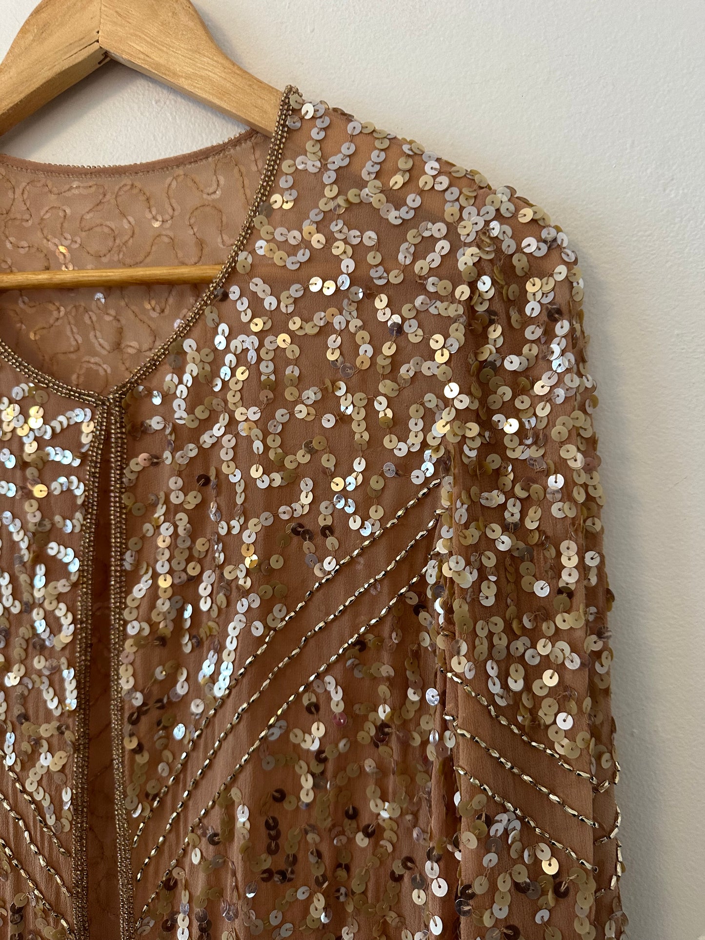 Shail K. Sequin and Beaded Rose Gold Silk Cocktail Dress | Size 8