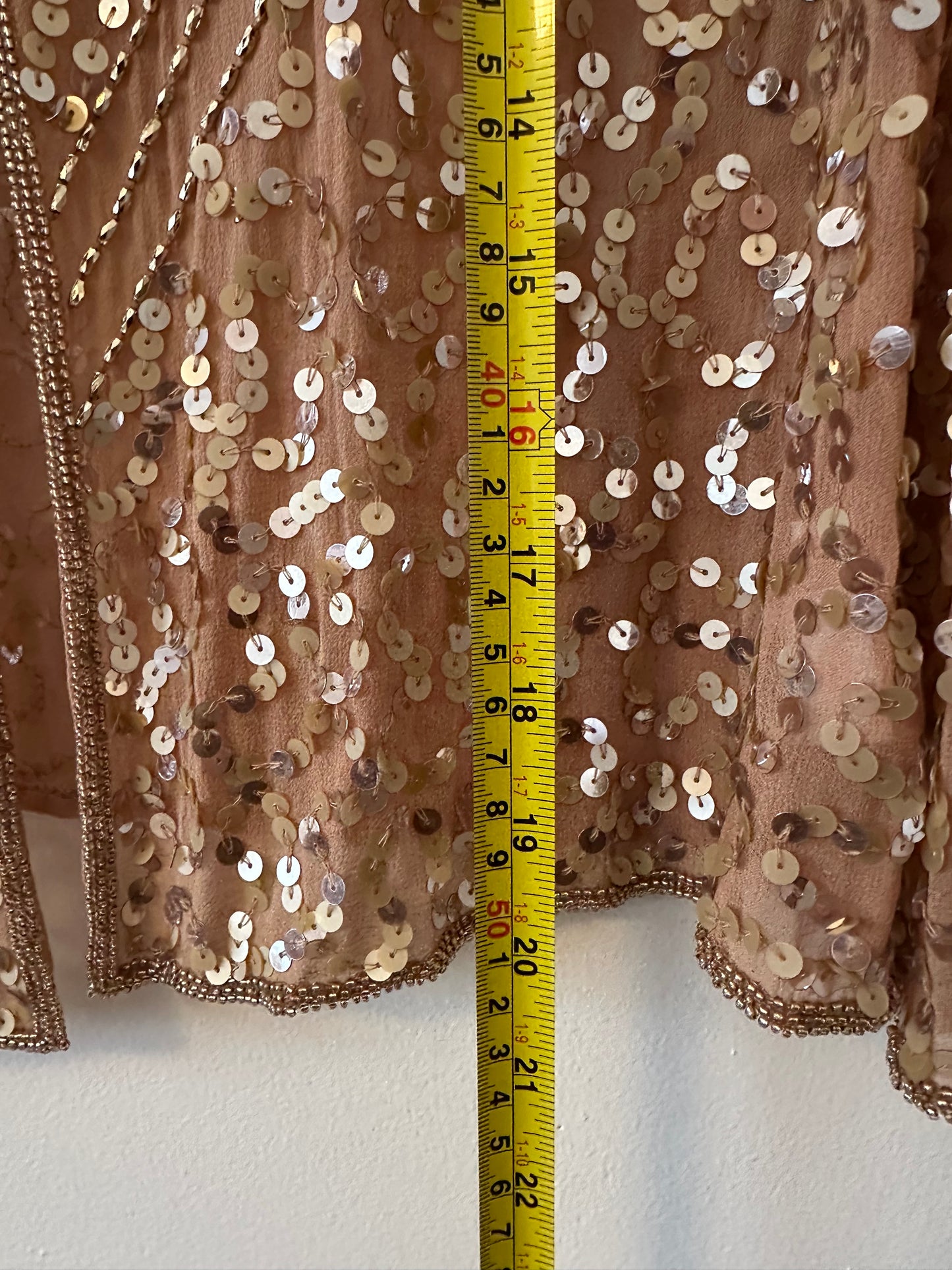 Shail K. Sequin and Beaded Rose Gold Silk Cocktail Dress | Size 8