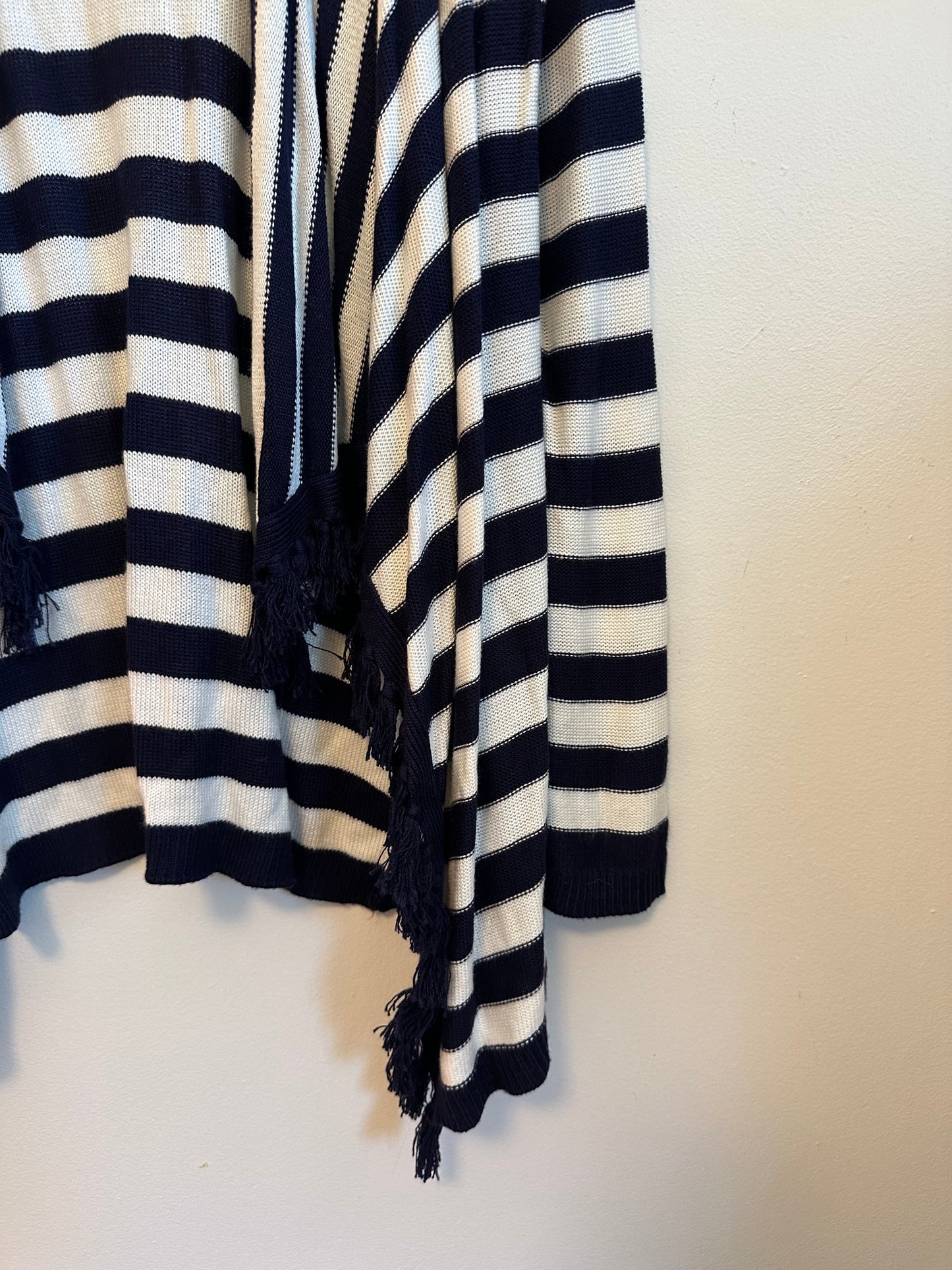 Duffield Lane Striped Fringe Open Front Silk Blend Cardigan | Size Small