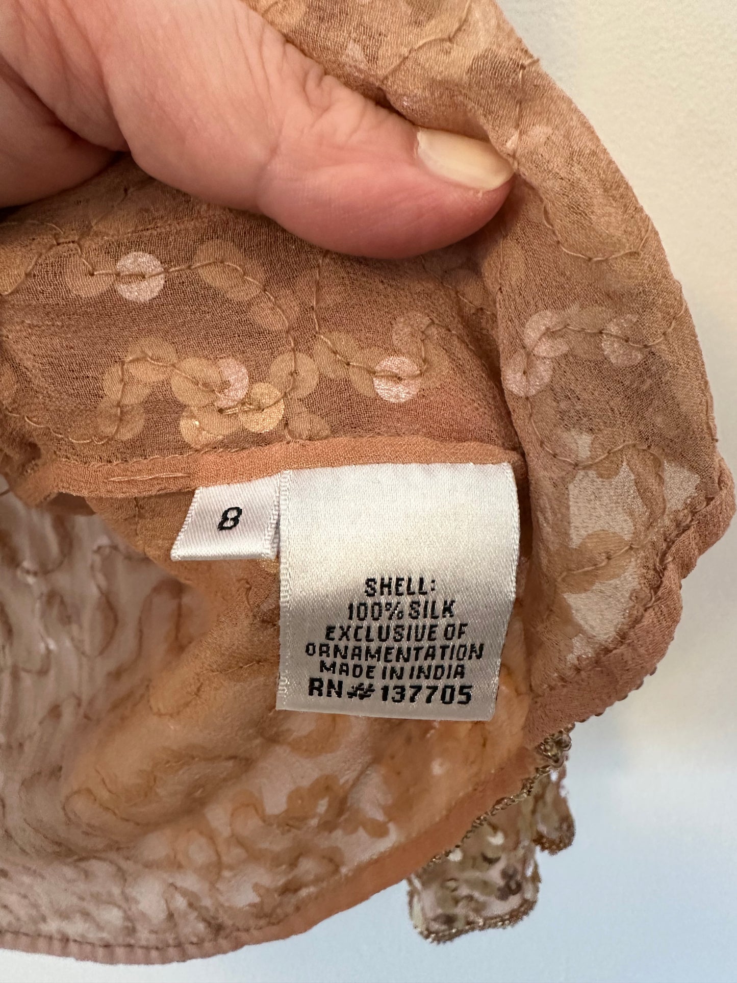 Shail K. Sequin and Beaded Rose Gold Silk Cocktail Dress | Size 8