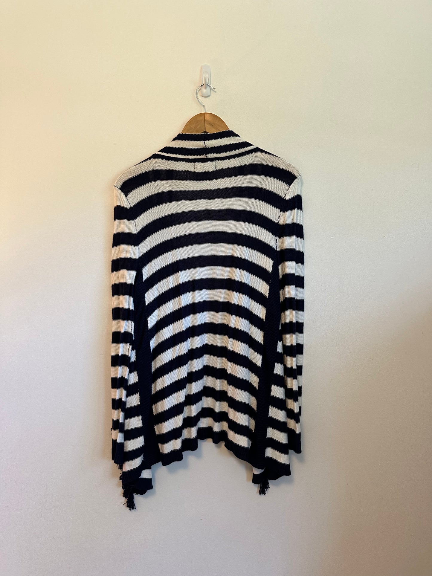Duffield Lane Striped Fringe Open Front Silk Blend Cardigan | Size Small