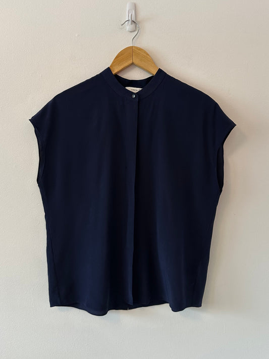 Vince Silk Short Sleeve Navy Blue Blouse | Size Small