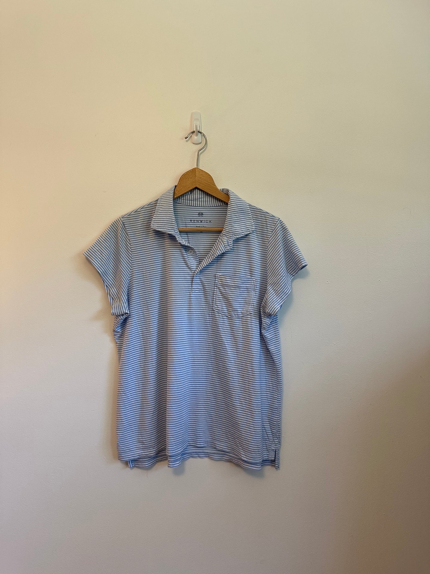 Renwick Pima Cotton Striped Short Sleeve Polo Shirt in Blue and White | Size Medium