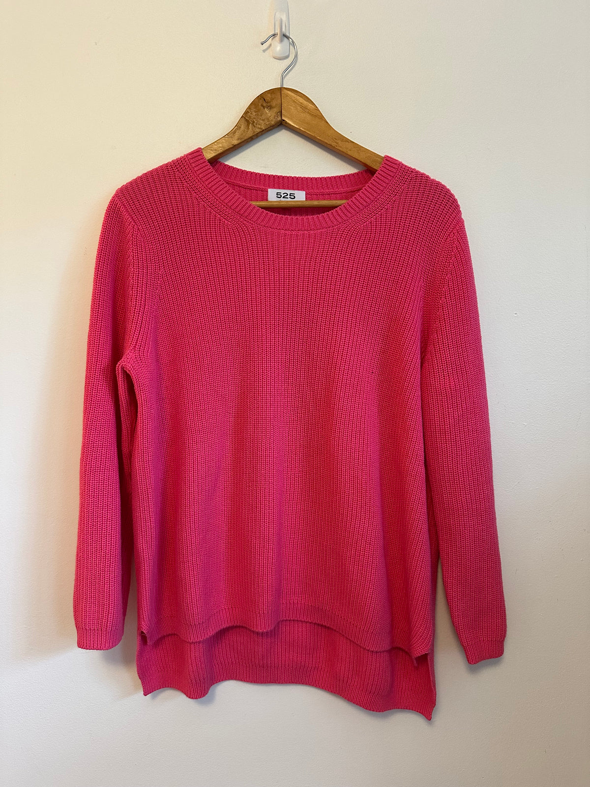 525 America Hot Pink Cotton Shaker Stitch High Low Crew Neck Sweater | Size Large
