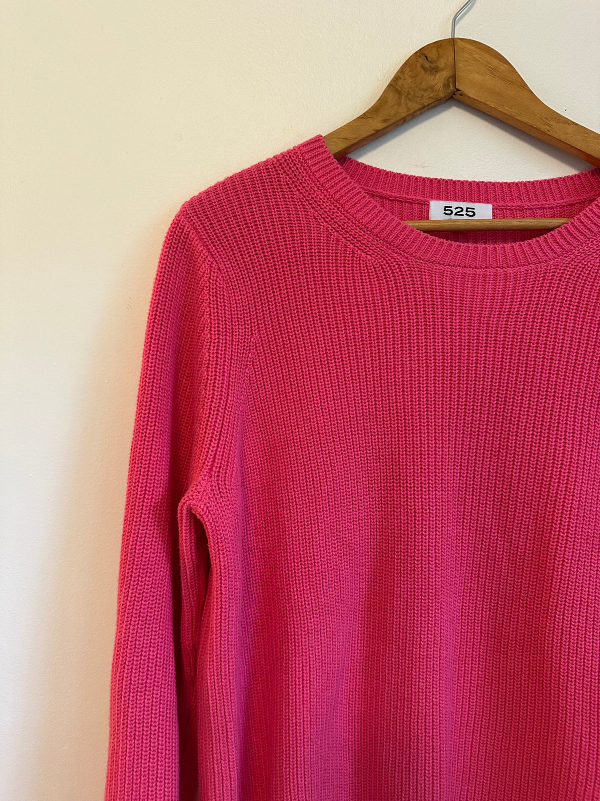 525 America Hot Pink Cotton Shaker Stitch High Low Crew Neck Sweater | Size Large