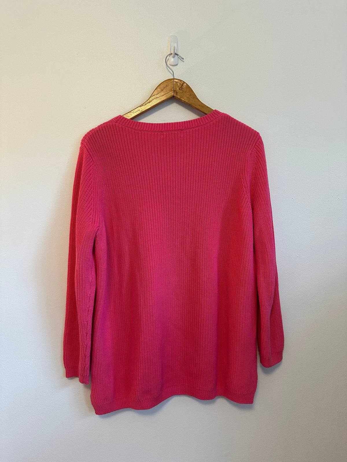 525 America Hot Pink Cotton Shaker Stitch High Low Crew Neck Sweater | Size Large
