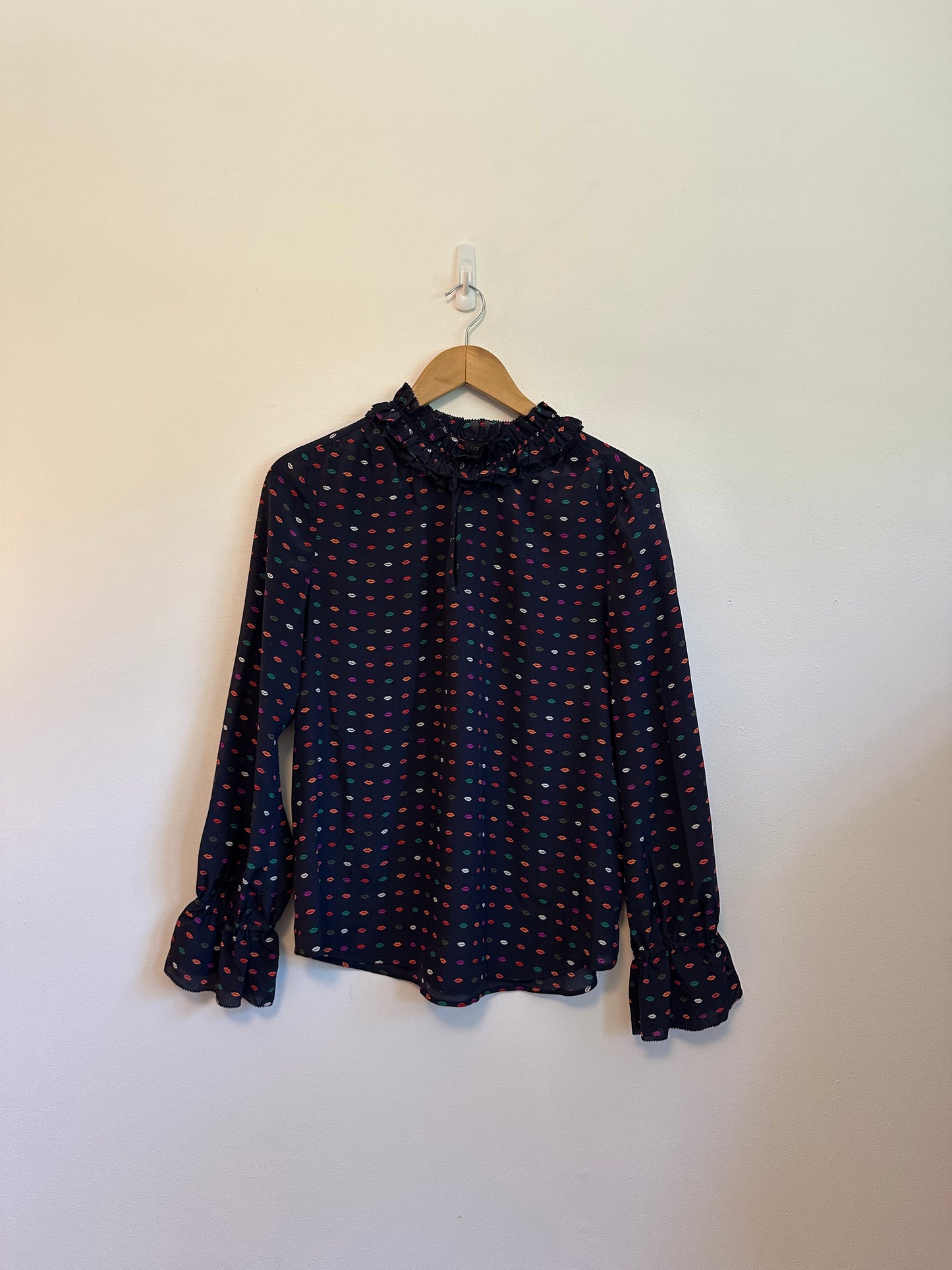 J. Crew Navy Blue Silk Lip Print Ruffle Neck Long Sleeve Blouse | Size 6