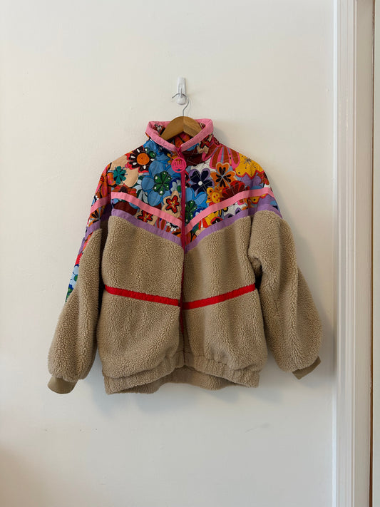 Celia B Jacob Fleece Jacket in Tan and Pink Multicolor | Size Medium