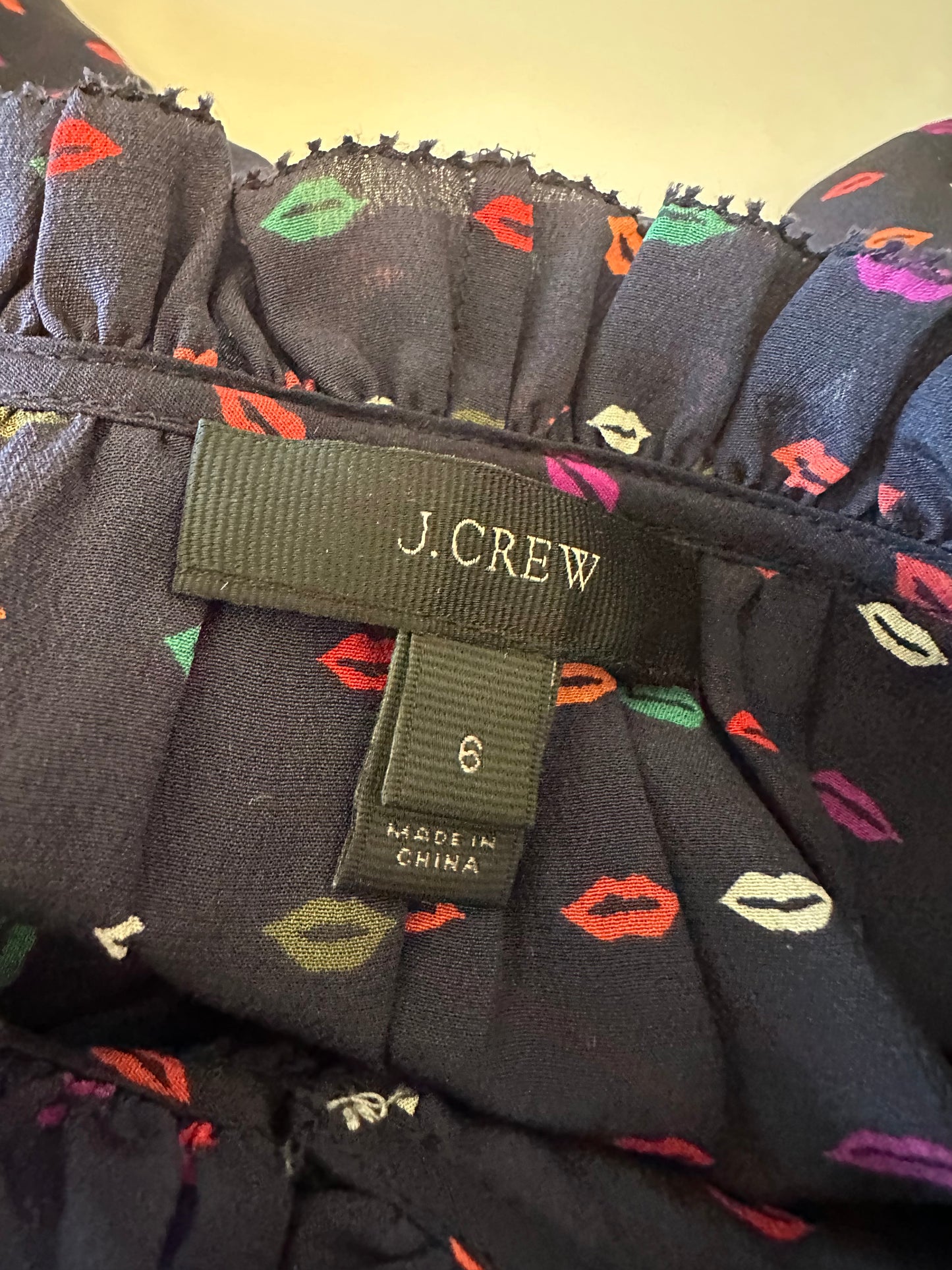J. Crew Navy Blue Silk Lip Print Ruffle Neck Long Sleeve Blouse | Size 6