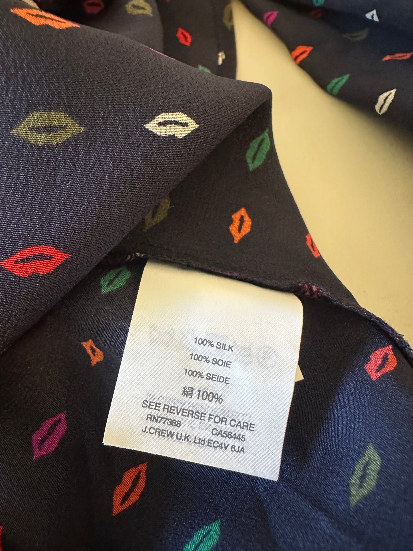 J. Crew Navy Blue Silk Lip Print Ruffle Neck Long Sleeve Blouse | Size 6