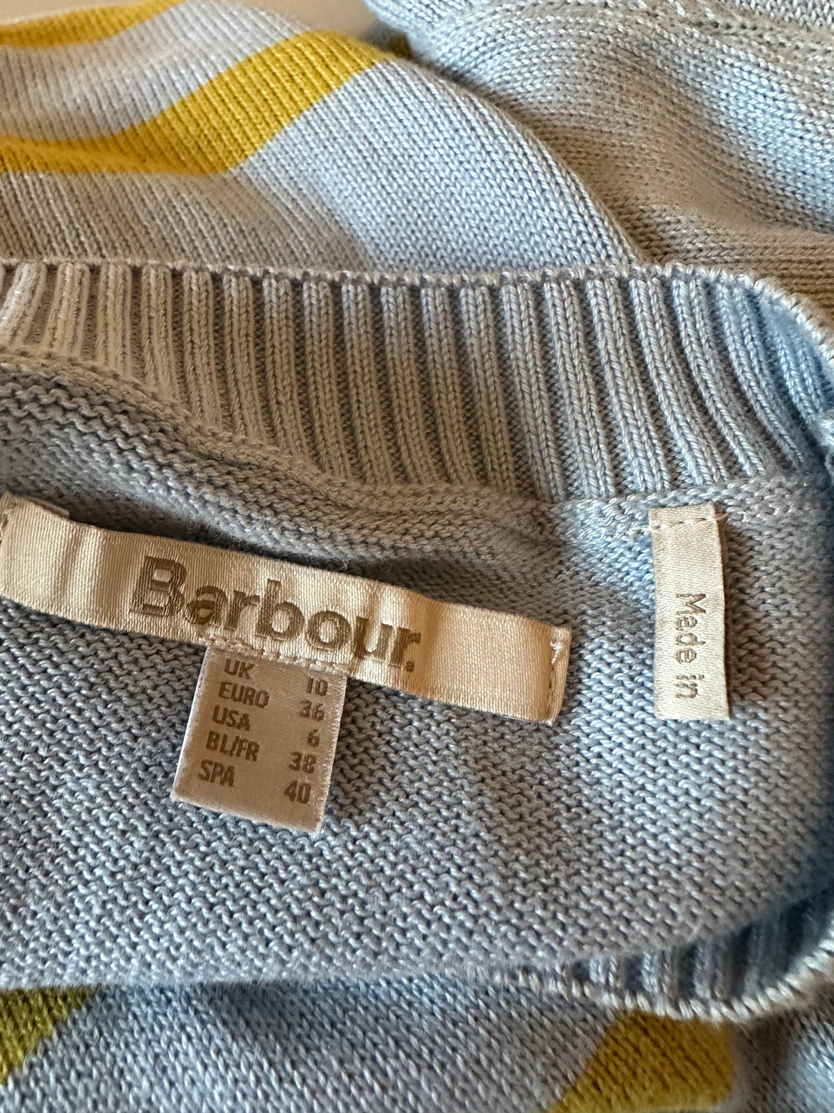 Barbour Bronya Knitted Blue and Yellow Striped Cotton Sweater|  Size 6