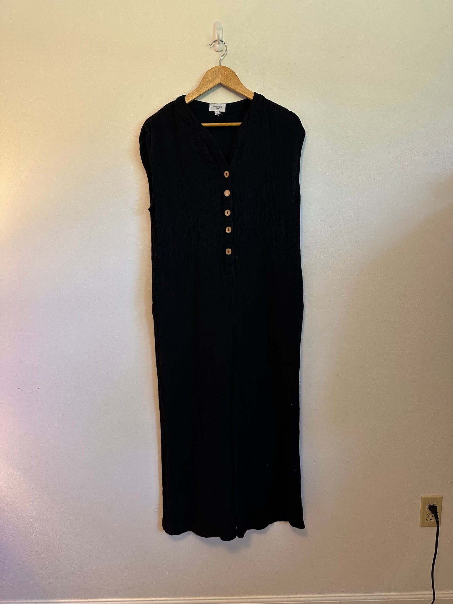 AnnieWear Black Cotton Gauze Sleeveless Wide Leg Button Front Jumpsuit | Size Small