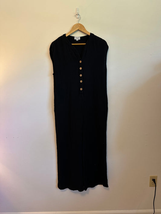 AnnieWear Black Cotton Gauze Sleeveless Wide Leg Button Front Jumpsuit | Size Small
