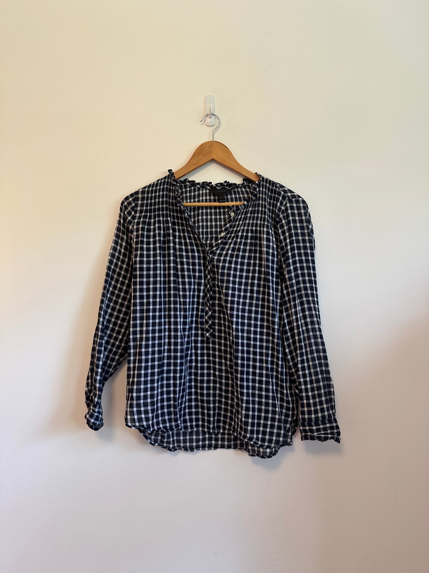 J. Crew Navy Blue and White Gingham Ruffle Collar Cotton Blouse | Size 4