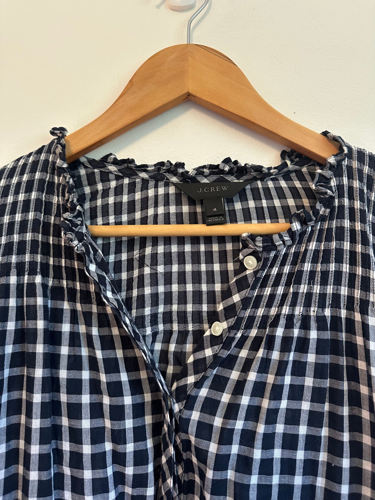 J. Crew Navy Blue and White Gingham Ruffle Collar Cotton Blouse | Size 4
