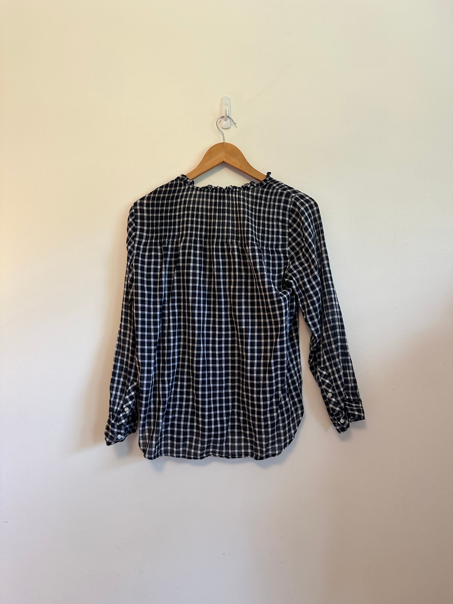 J. Crew Navy Blue and White Gingham Ruffle Collar Cotton Blouse | Size 4