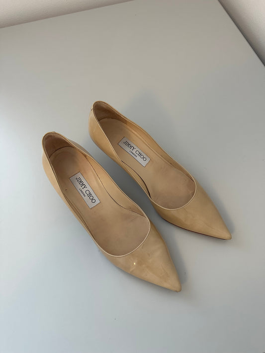 Jimmy Choo Aza Nude Patent Leather Pointed Toe Pumps | Size 38.5