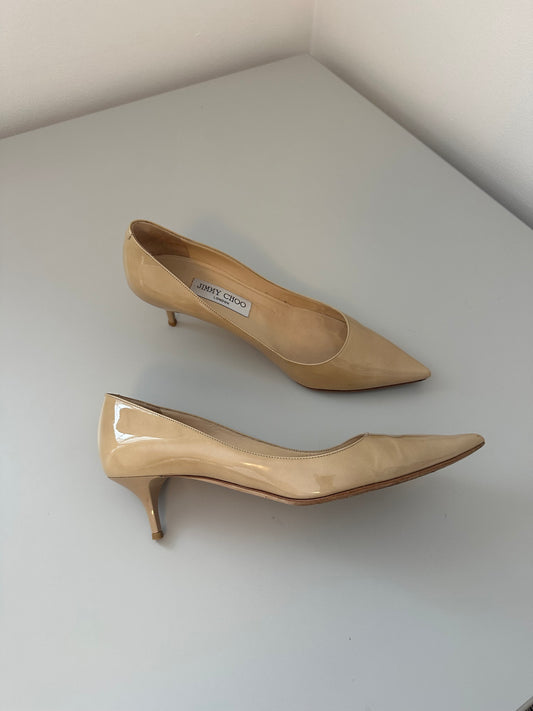 Jimmy Choo Aza Nude Patent Leather Pointed Toe Pumps | Size 38.5