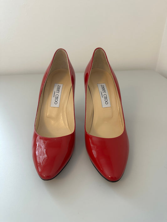 New Jimmy Choo Red Patent Leather Rounded Toe Stiletto Heels | Size 38.5