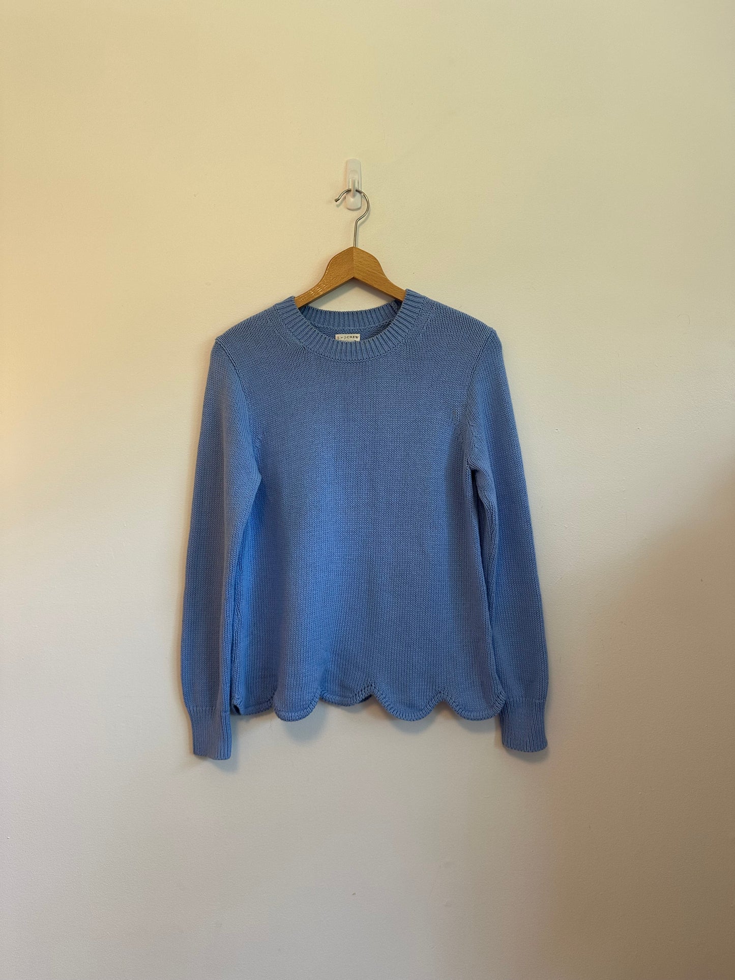 J. by J.Crew Light Blue Scalloped Hem Cotton Knit Crew Neck Sweater | Size Small