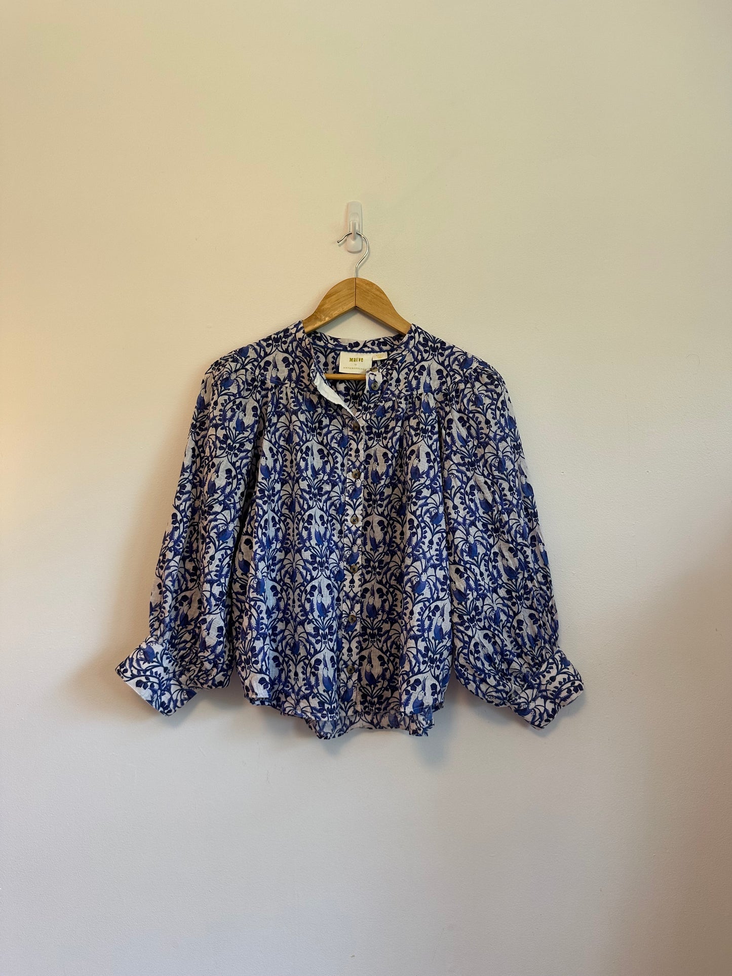 Maeve x Anthropologie Blue and White Puff Sleeve Button Down Blouse | Size Small