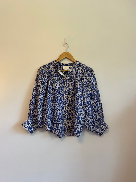 Maeve x Anthropologie Blue and White Puff Sleeve Button Down Blouse | Size Small