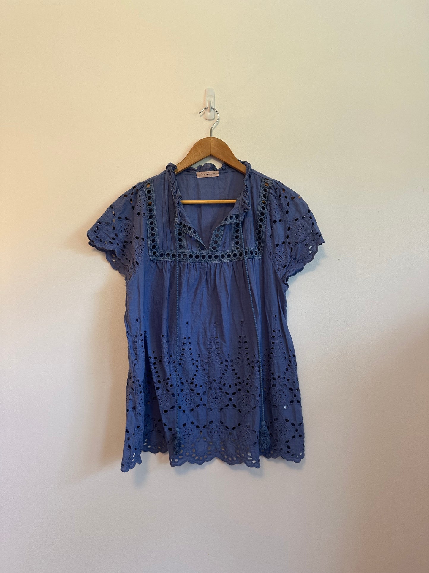 Ces Femme Blue Eyelet Cotton Boho Blouse | Size Small