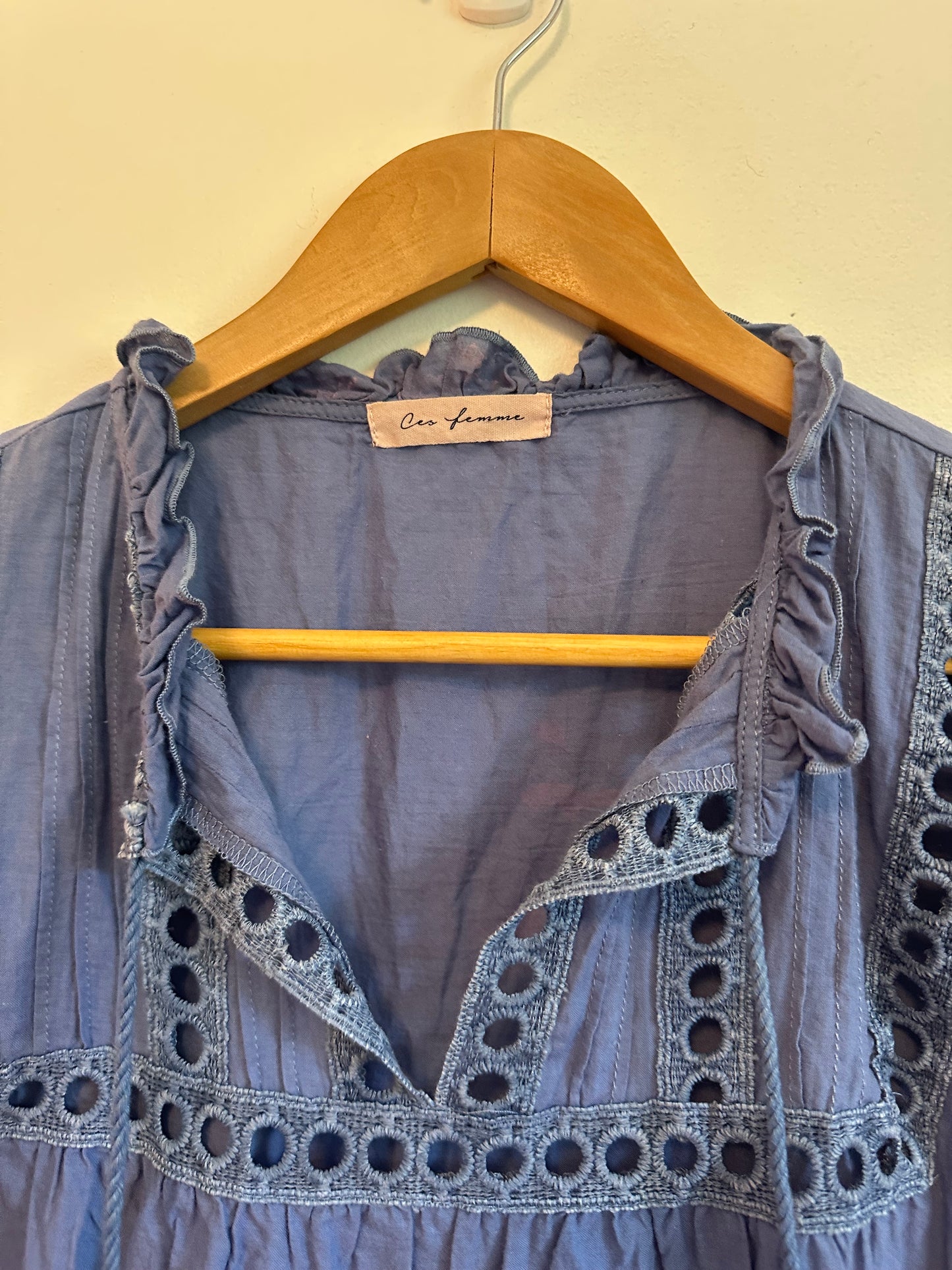 Ces Femme Blue Eyelet Cotton Boho Blouse | Size Small