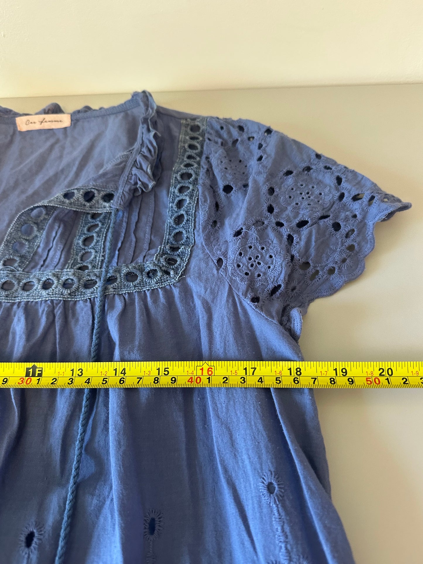 Ces Femme Blue Eyelet Cotton Boho Blouse | Size Small
