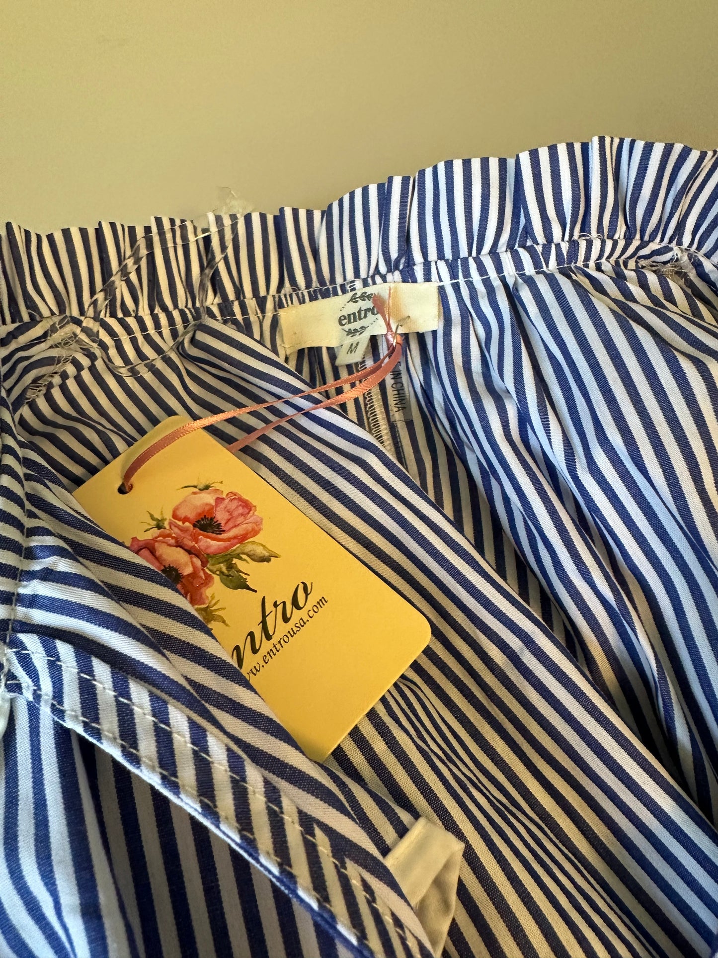 NWT Entro Blue and White Striped Ruffle Sleeve Blouse | Size Medium