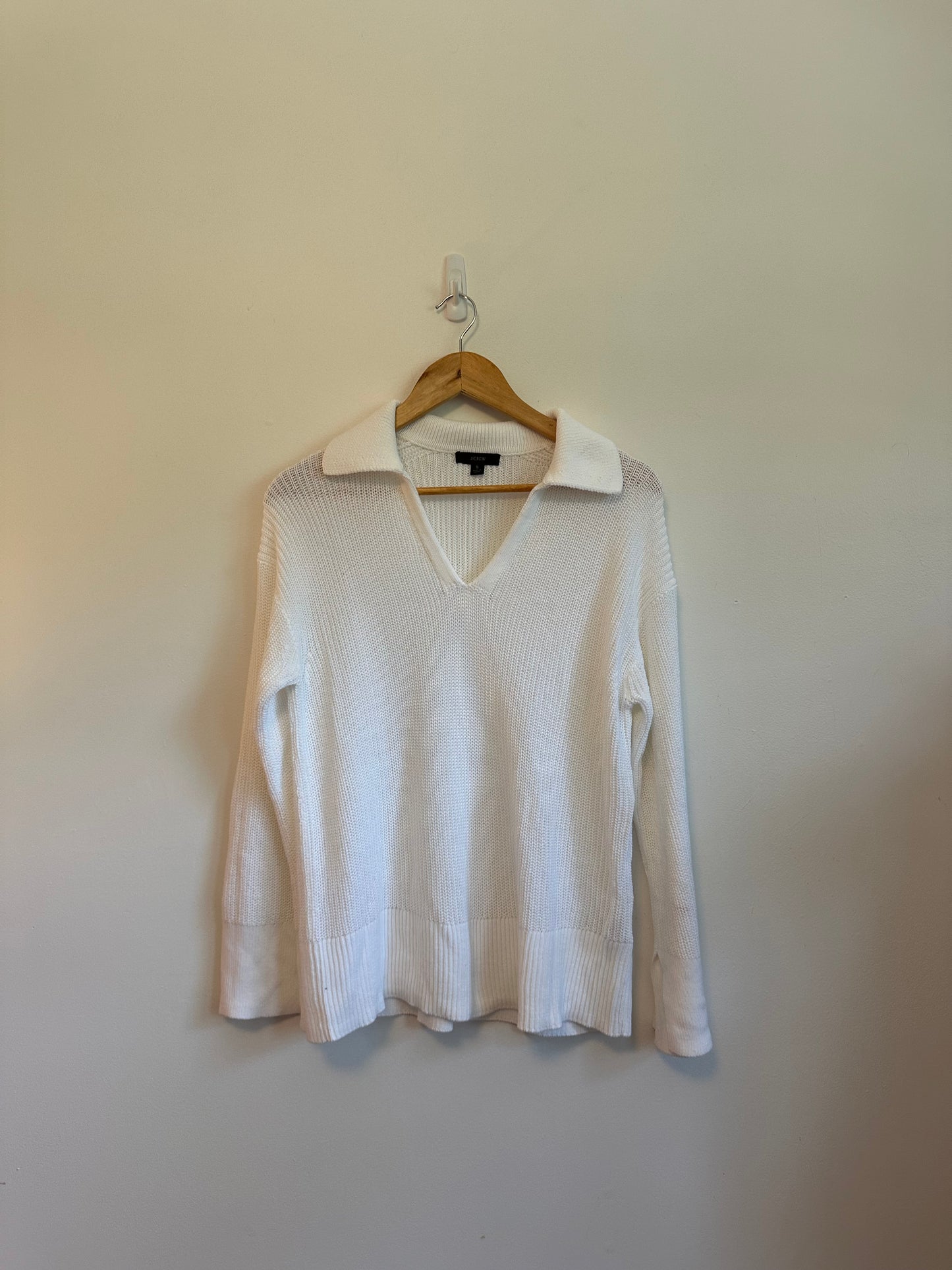 J. Crew White Cotton Polo V-Neck Ribbed Knit Sweater | Size Small
