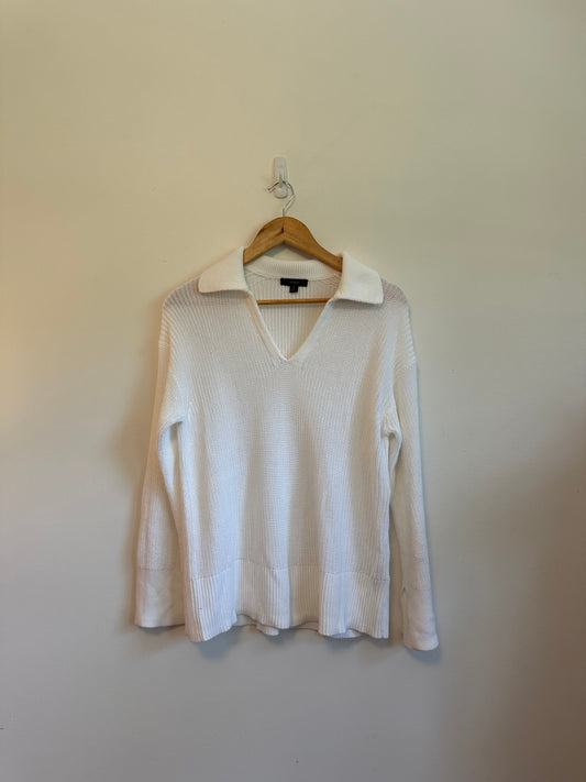J. Crew White Cotton Polo V-Neck Ribbed Knit Sweater | Size Small
