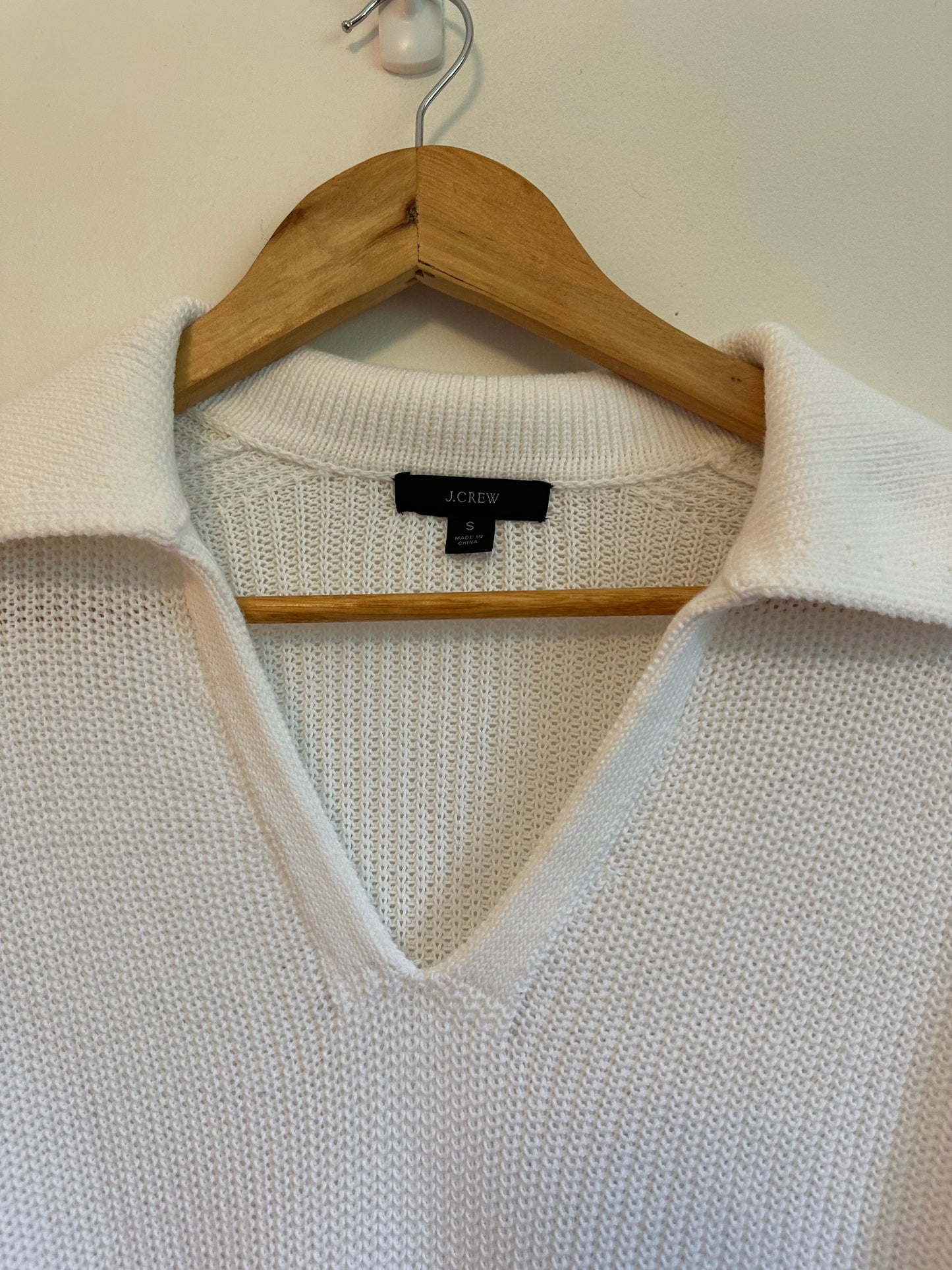 J. Crew White Cotton Polo V-Neck Ribbed Knit Sweater | Size Small