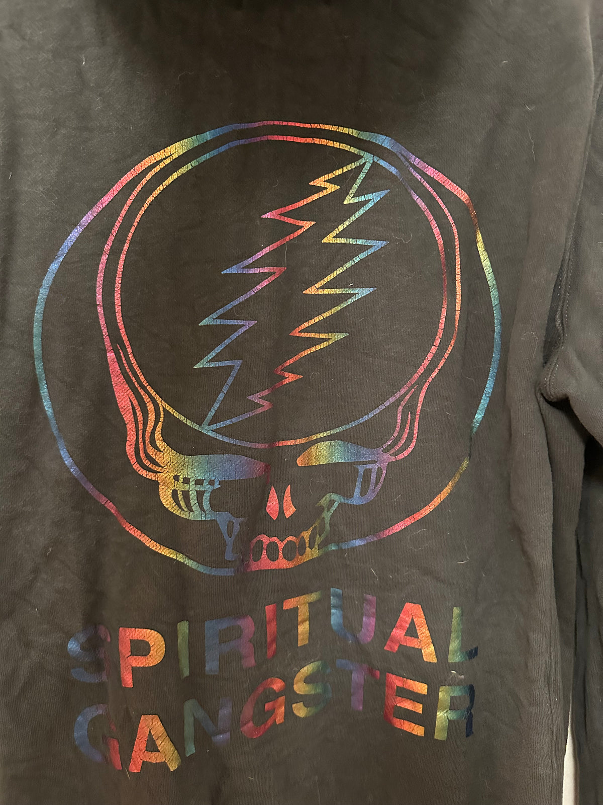 Spiritual Gangster x Grateful Dead Rainbow Foil Zip Up Hoodie in Black | Size Small