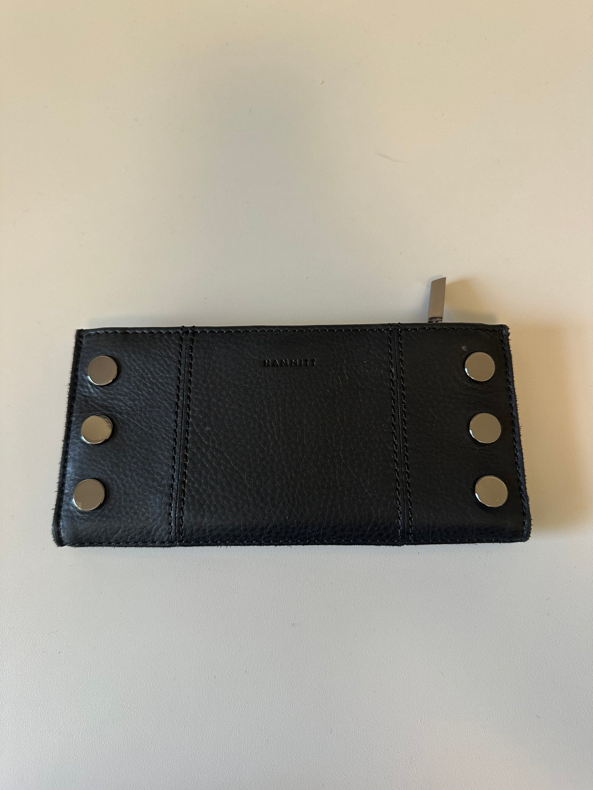 Hammitt 110 North Black Pebbled Leather Trifold Wallet with Silver Rivets