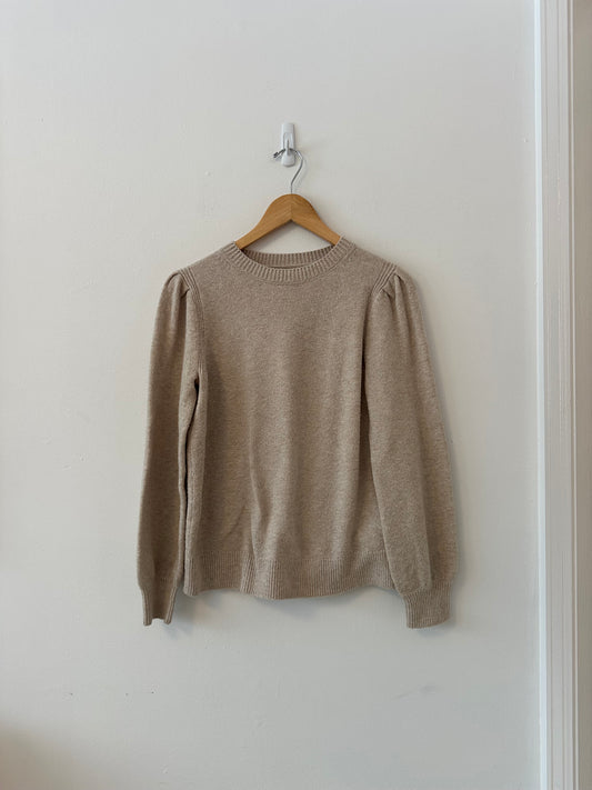 Classic Tan Crewneck Sweater with Puff Sleeves - Amazon Essentials | Size XS