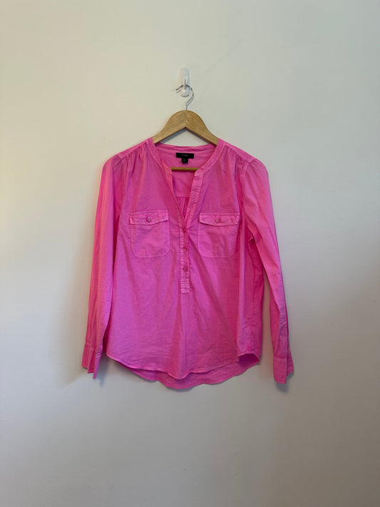 J. Crew Hot Pink Cotton Poplin Henley Long Sleeve Band Collar Shirt | Size Small