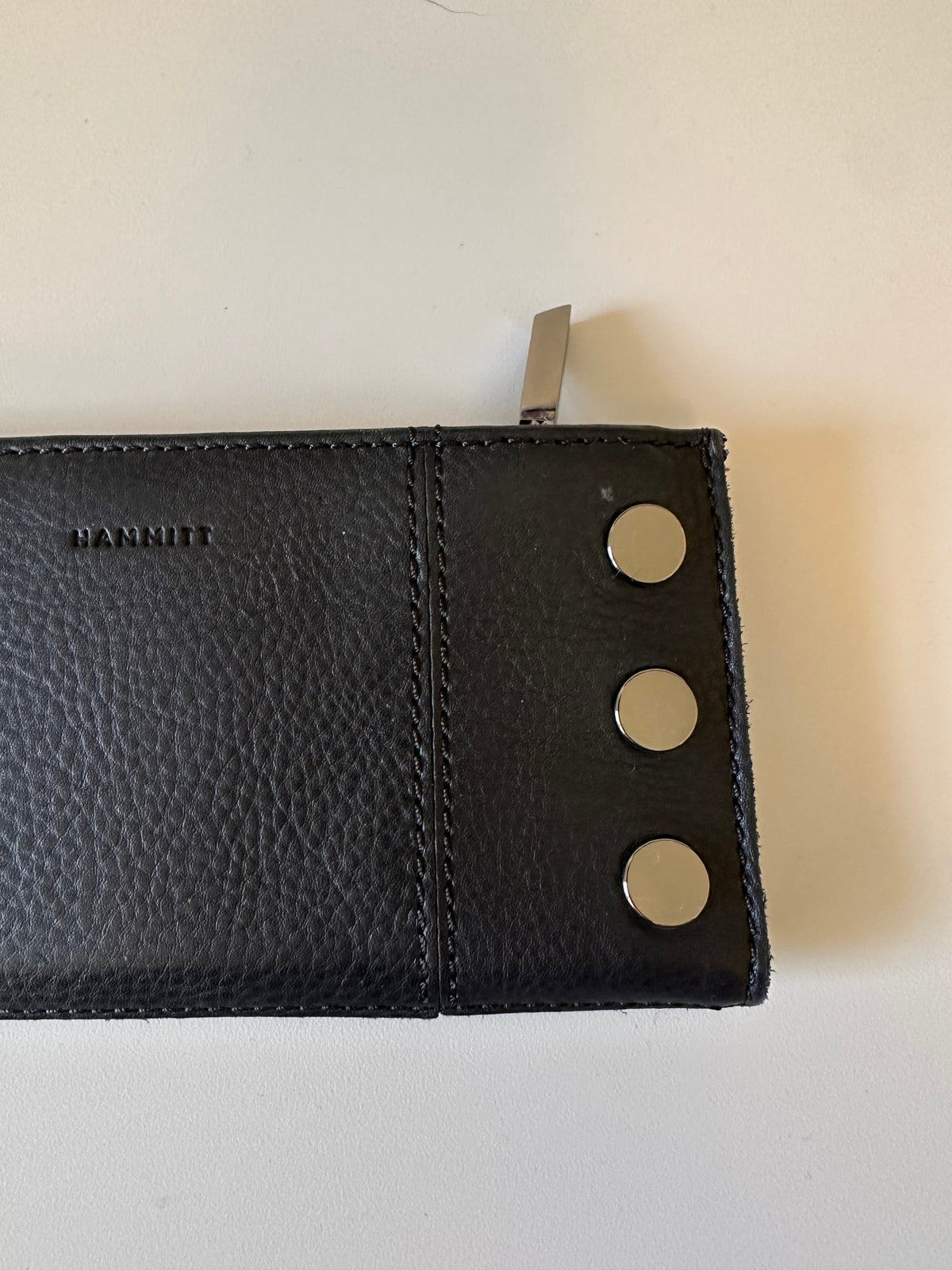 Hammitt 110 North Black Pebbled Leather Trifold Wallet with Silver Rivets