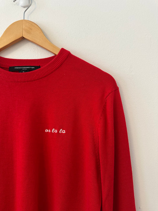 French Connection "Ooh La La" Embroidered Red Sweater | Size Medium