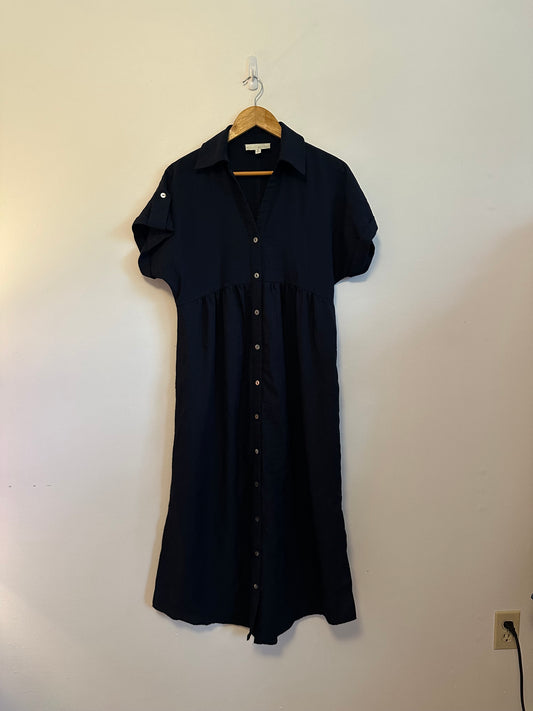 Pinch Navy Blue Button Front Midi Babydoll Short Sleeve Dress| Size Medium