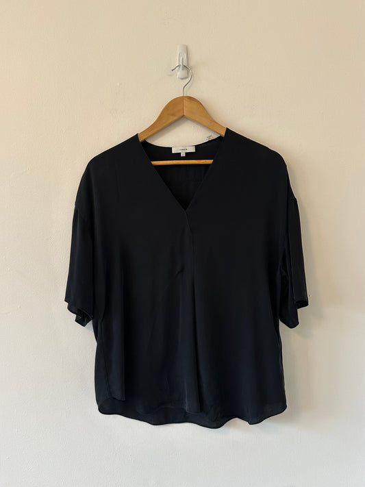 Vince Black Silk Blend V-Neck Short Sleeve Shirt | Size Small