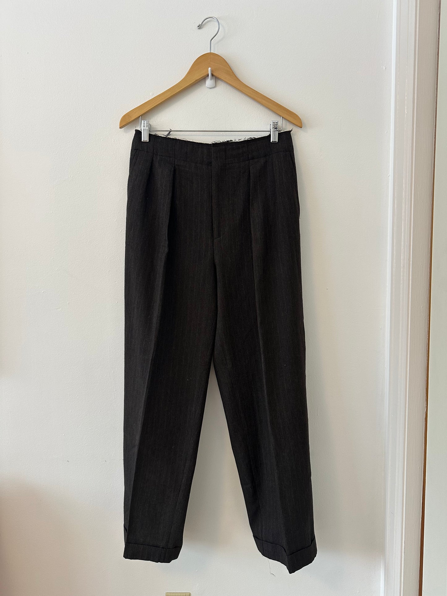 Zara Wide Leg Cotton Blend Cuffed Trousers with Raw Edge Waistband | Small