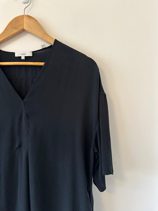 Vince Black Silk Blend V-Neck Short Sleeve Shirt | Size Small