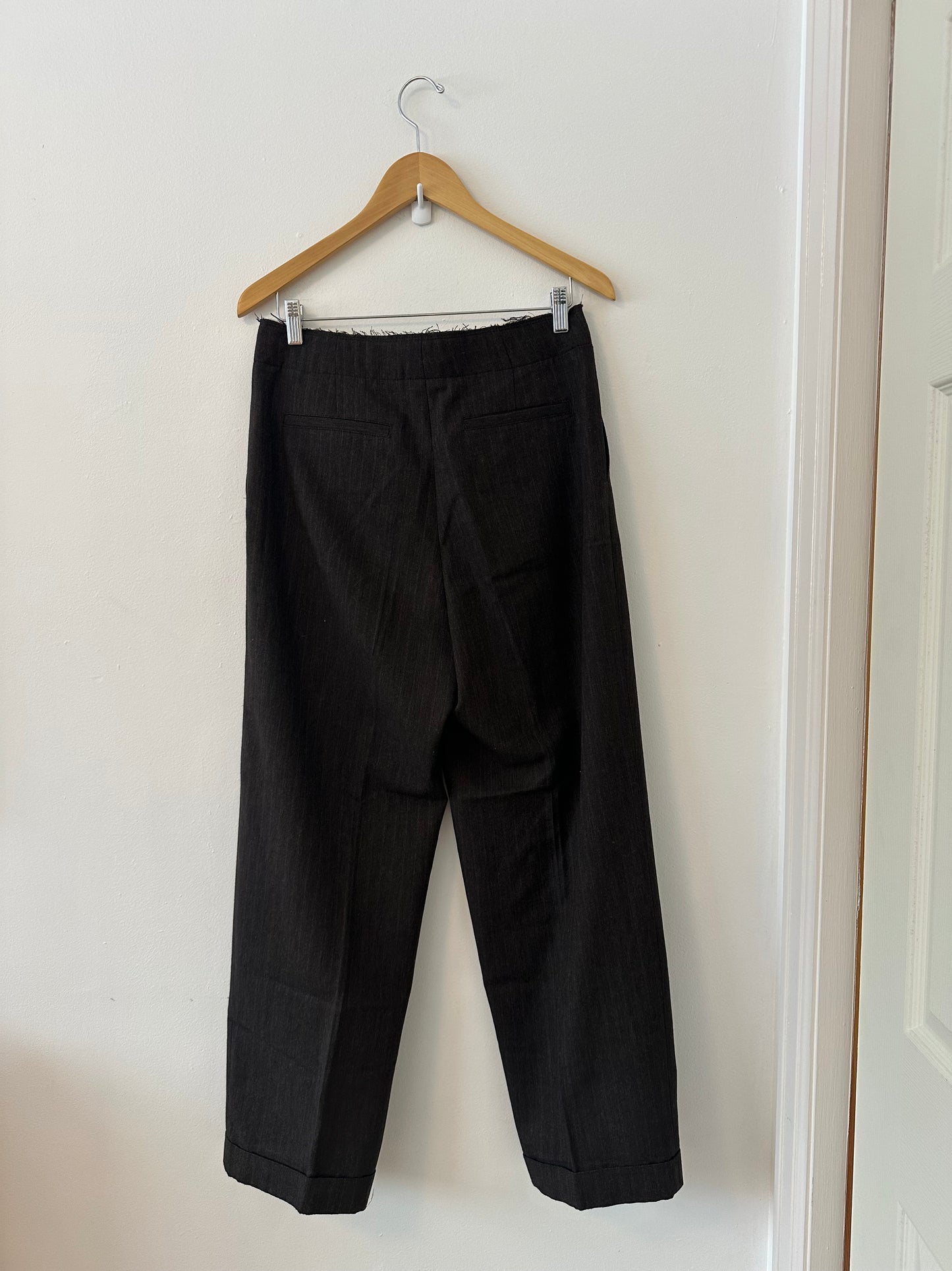 Zara Wide Leg Cotton Blend Cuffed Trousers with Raw Edge Waistband | Small