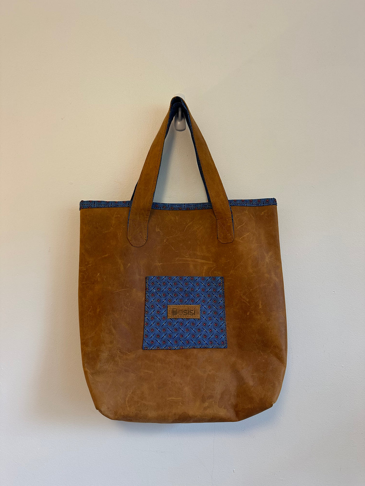 Besisi Distressed Brown Leather Tote Bag with Blue Geometric Trim