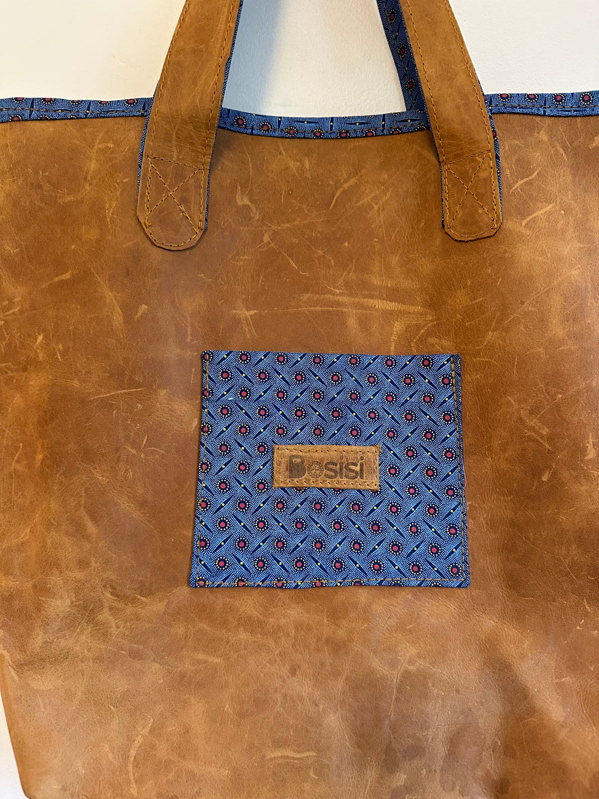 Besisi Distressed Brown Leather Tote Bag with Blue Geometric Trim